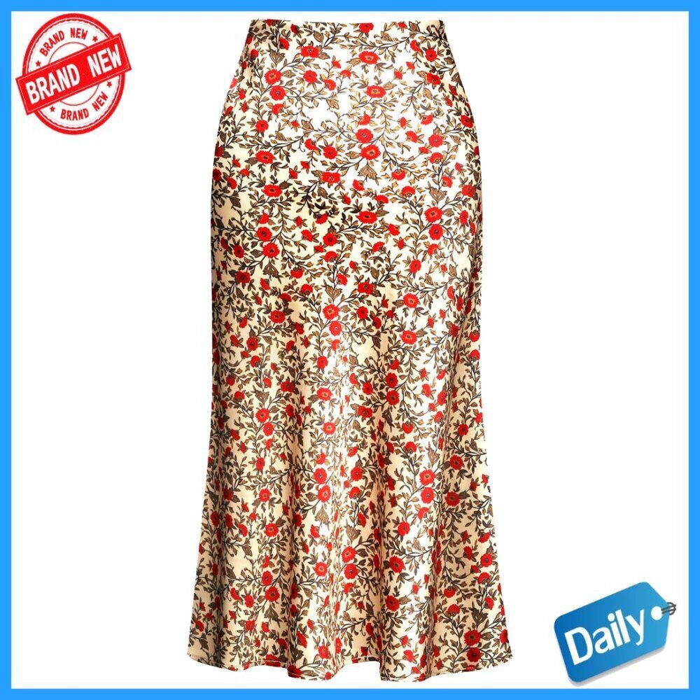 Midi Skirt High Waist Silk Satin Elasticized A-Line Casual Work Party